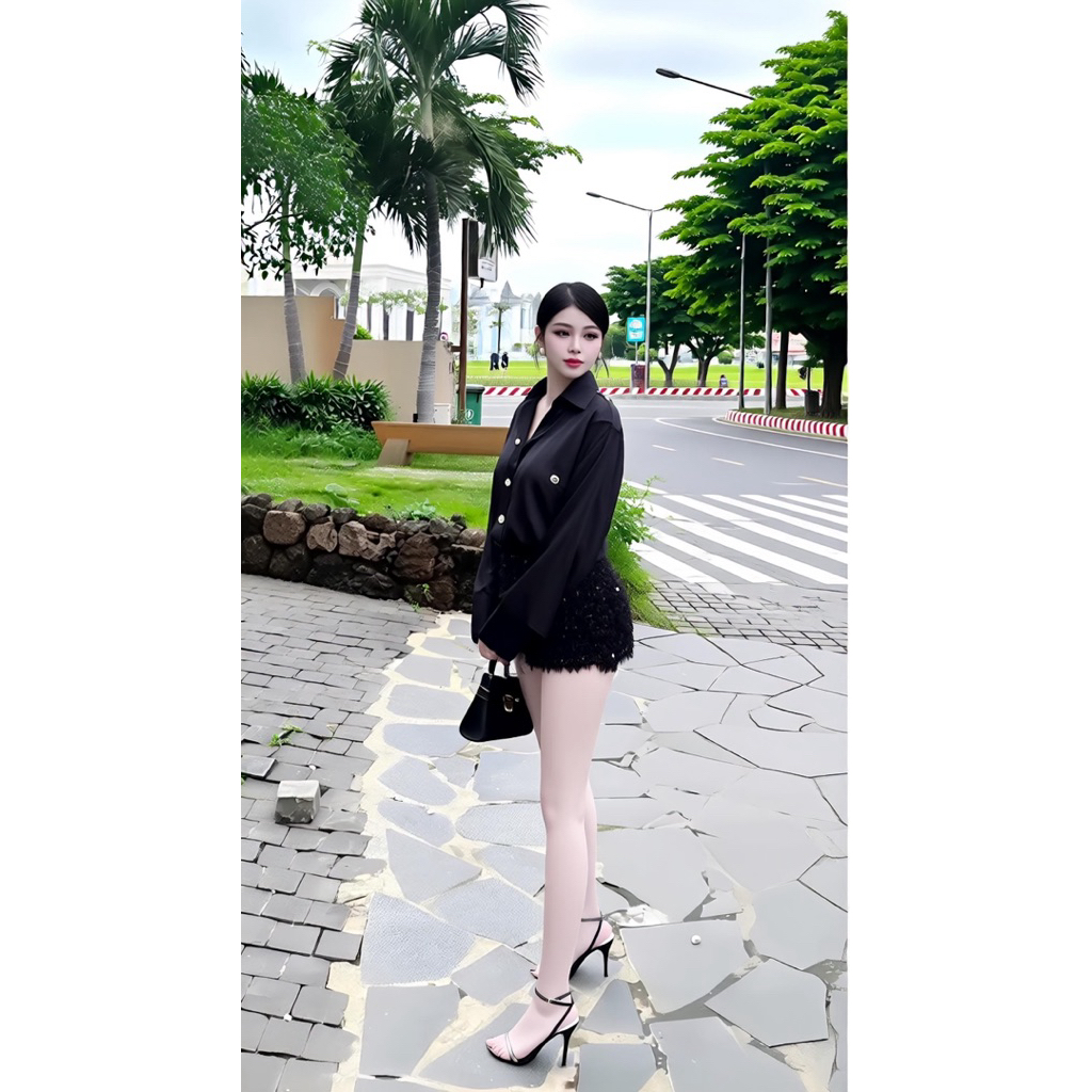 Set áo sơ mi kèm quần đùi, set bộ sơ mi peplum ngắn tay kèm quần short ống rộng Hum Fashion