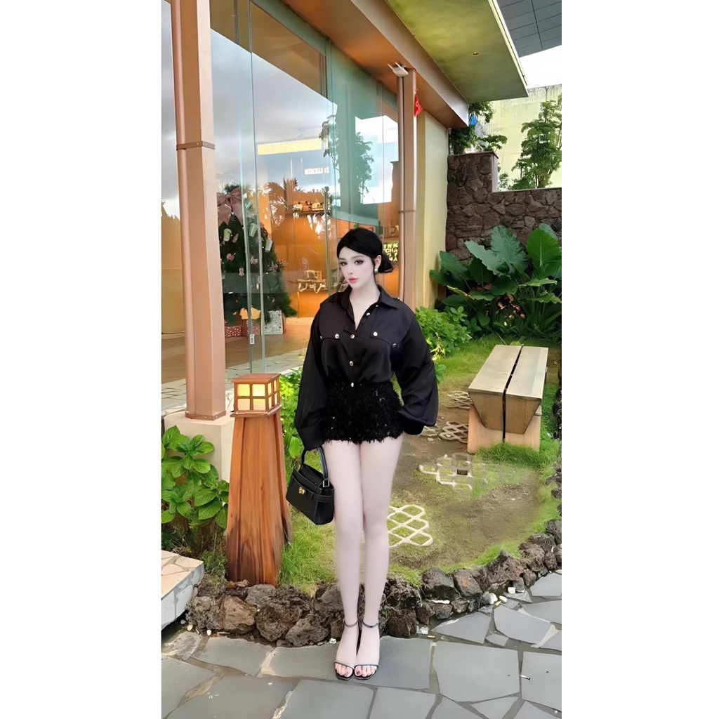 Set áo sơ mi kèm quần đùi, set bộ sơ mi peplum ngắn tay kèm quần short ống rộng Hum Fashion