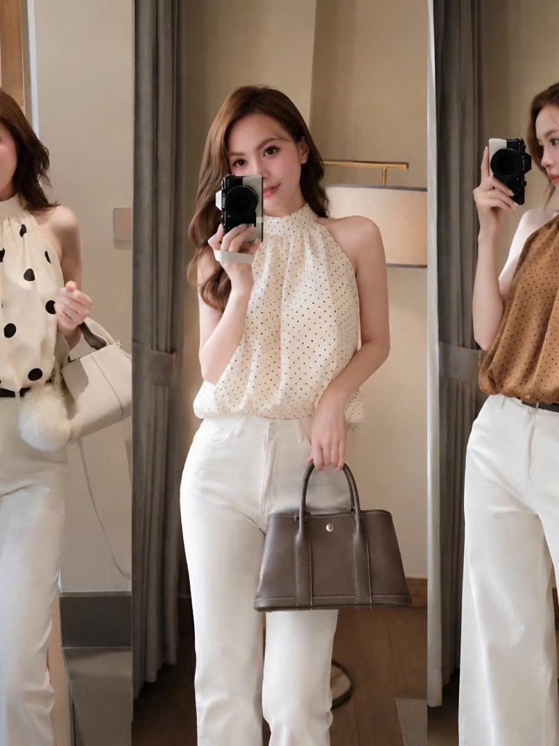 Áo Yếm Lụa Satin Cổ Yếm Dáng Bí Chấm Bi Có Nút Ngọc Gài Sau Lưng Phong Cách Hiện Đại