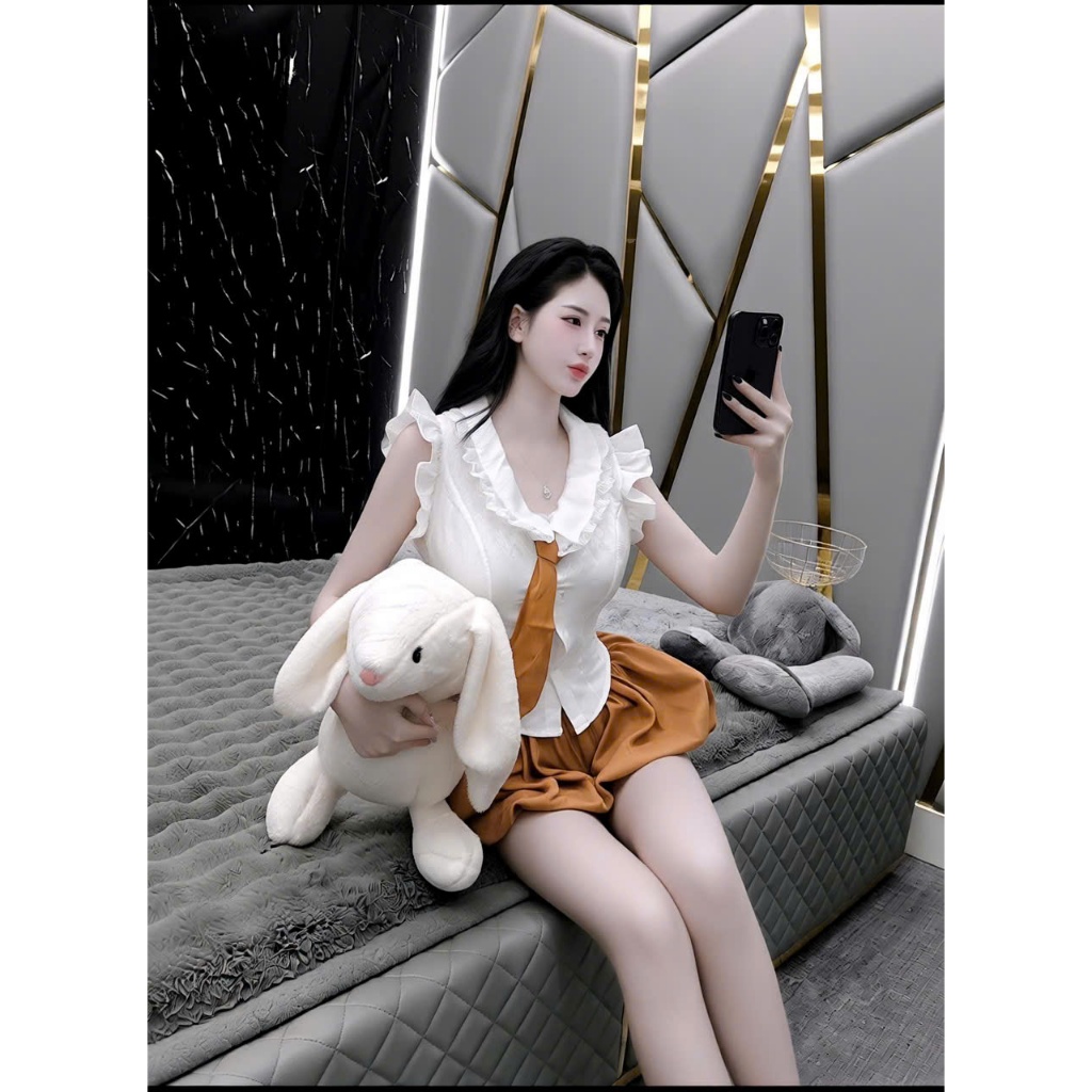 Sét đồ nữ áo sơ mi tiểu thư cổ bèo phối ren cà vạt mix quần bí bồng bềnh phong cách thời trang