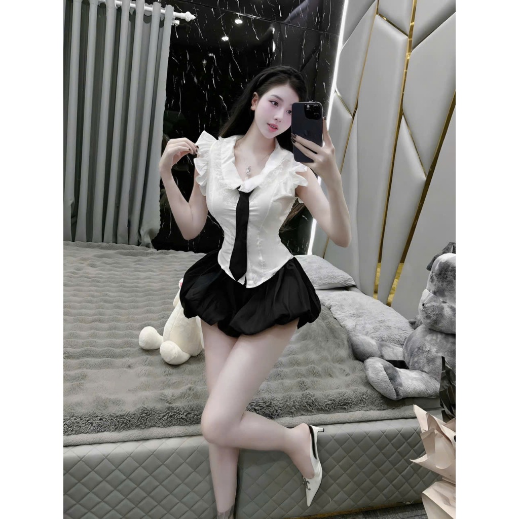 Sét đồ nữ áo sơ mi tiểu thư cổ bèo phối ren cà vạt mix quần bí bồng bềnh phong cách thời trang