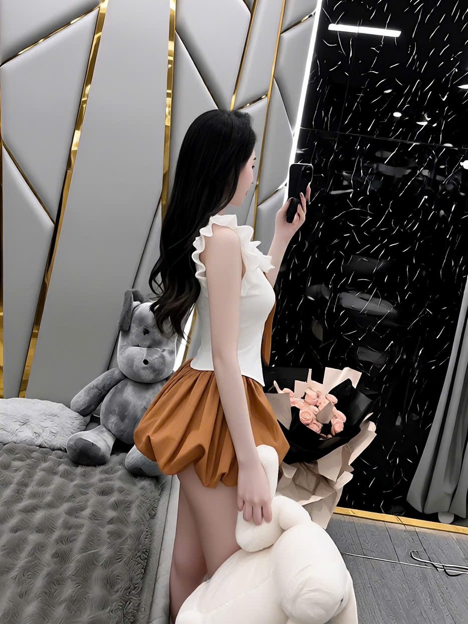 Sét đồ nữ áo sơ mi tiểu thư cổ bèo phối ren cà vạt mix quần bí bồng bềnh phong cách thời trang