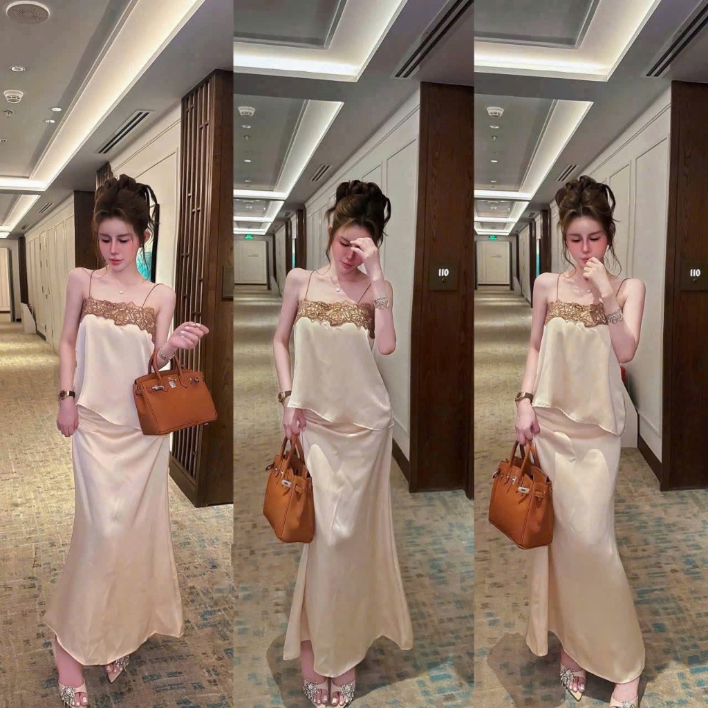 Set áo 2 dây phối ren kèm chân váy lụa, set bộ áo hai dây tơ bèo chân váy lụa dài đi biển sang chảnh Hum Fashion