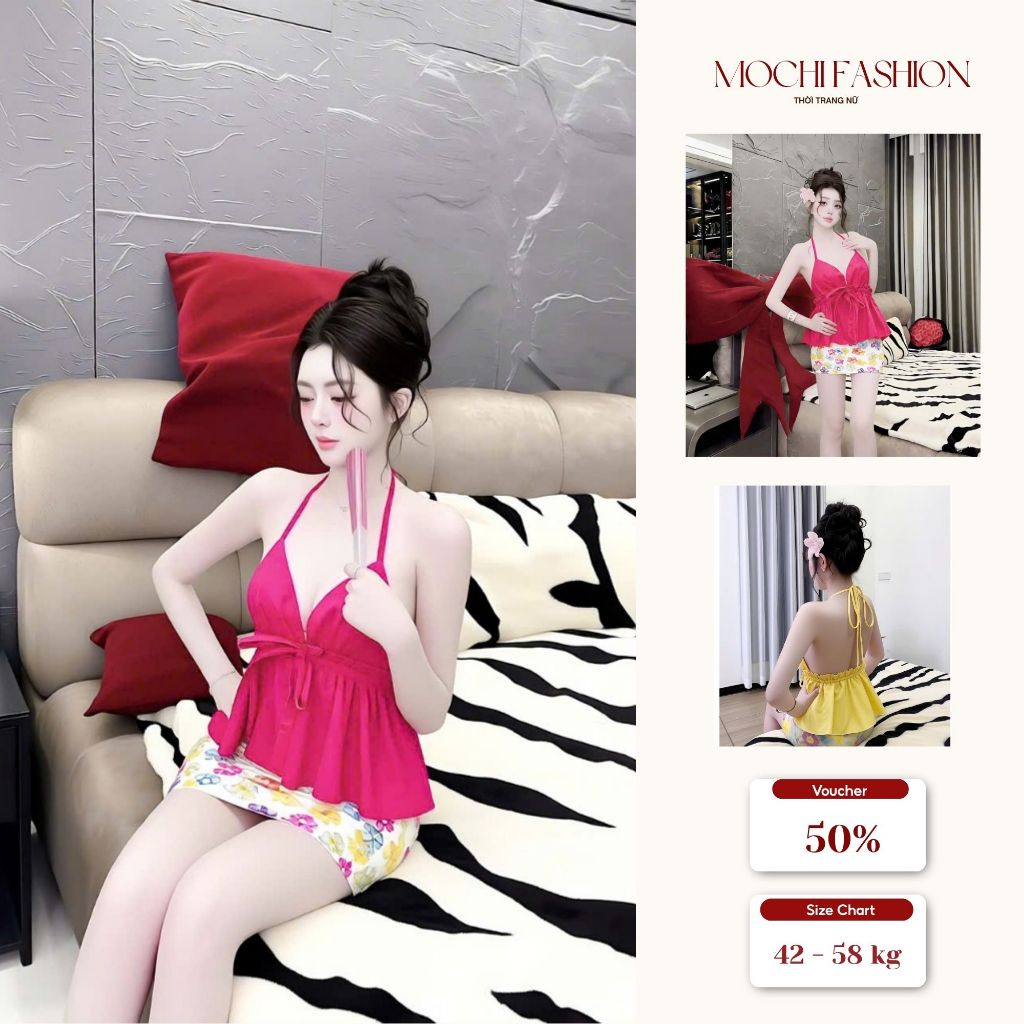 Set đồ bơi áo yếm 2 dây phối chân váy hoa đi biển xinh xắn hot trend hè 2026
