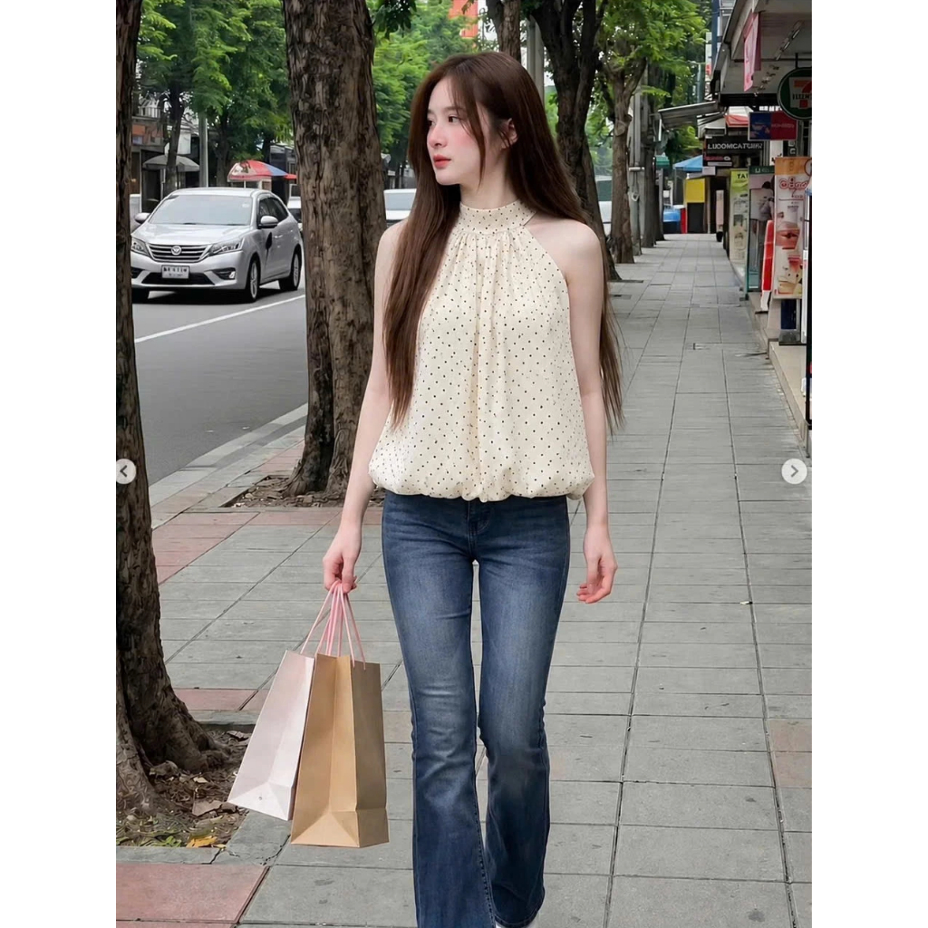Áo yếm dáng bí hoạ tiết chấm bi, áo cổ yếm chất satin cao cấp phong cách tiểu thư sang chảnh