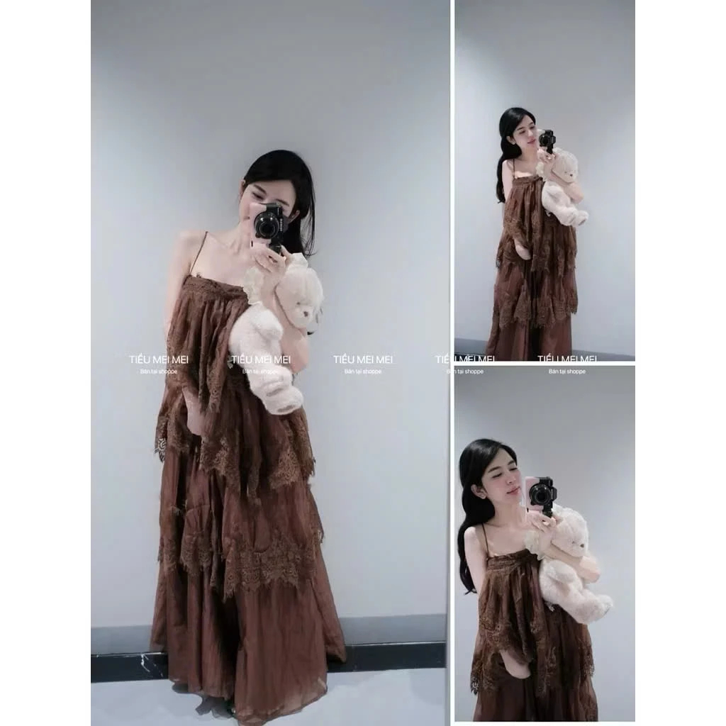 Đầm maxi phối ren 2 dây nhiều tầng, váy maxi đi biển dáng dài phong cách tiểu thư sang chảnh