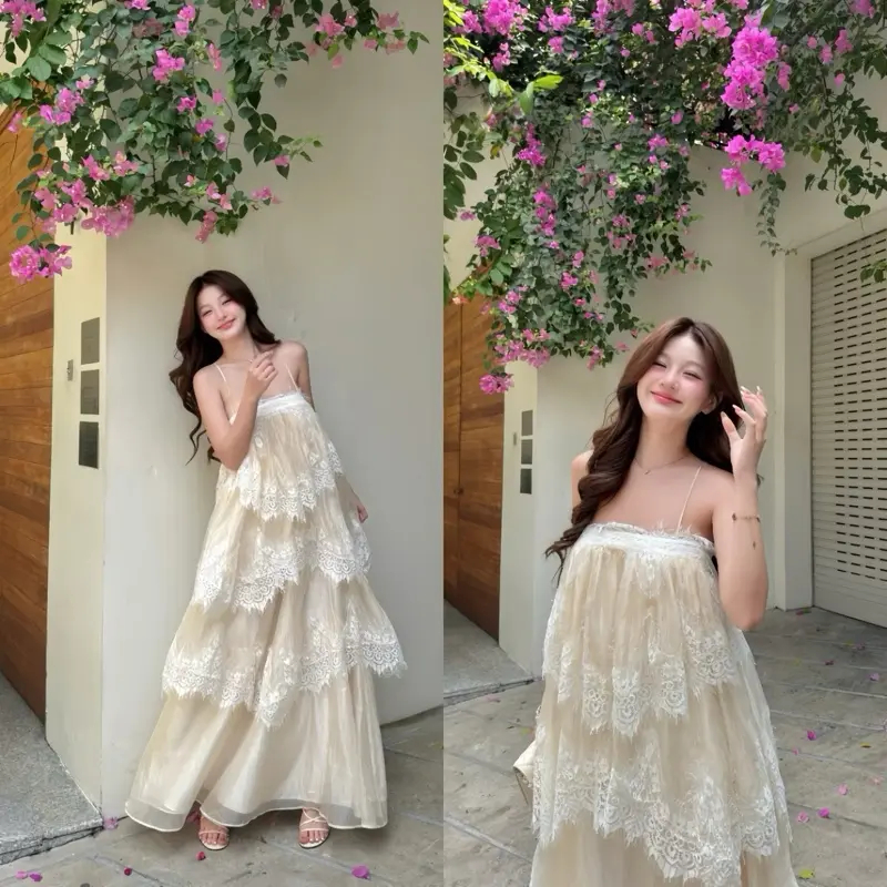 Đầm maxi phối ren 2 dây nhiều tầng, váy maxi đi biển dáng dài phong cách tiểu thư sang chảnh