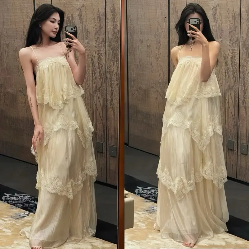 Đầm maxi phối ren 2 dây nhiều tầng, váy maxi đi biển dáng dài phong cách tiểu thư sang chảnh