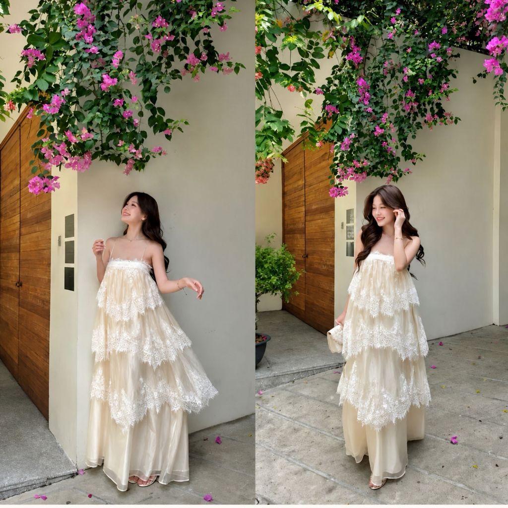 Đầm maxi phối ren 2 dây nhiều tầng, váy maxi đi biển dáng dài phong cách tiểu thư sang chảnh