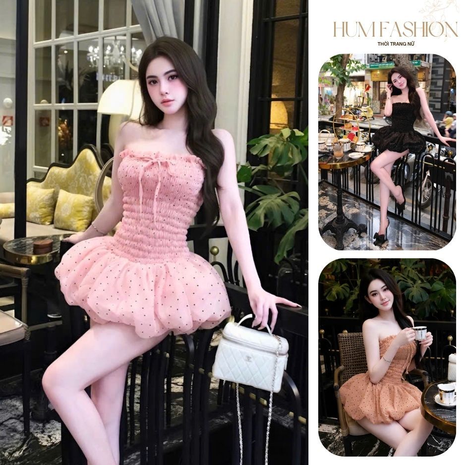 Váy bí ống quây chấm bi nhún chun, đầm quây dáng váy bí xòe bồng tiểu thư sang chảnh Hum Fashion