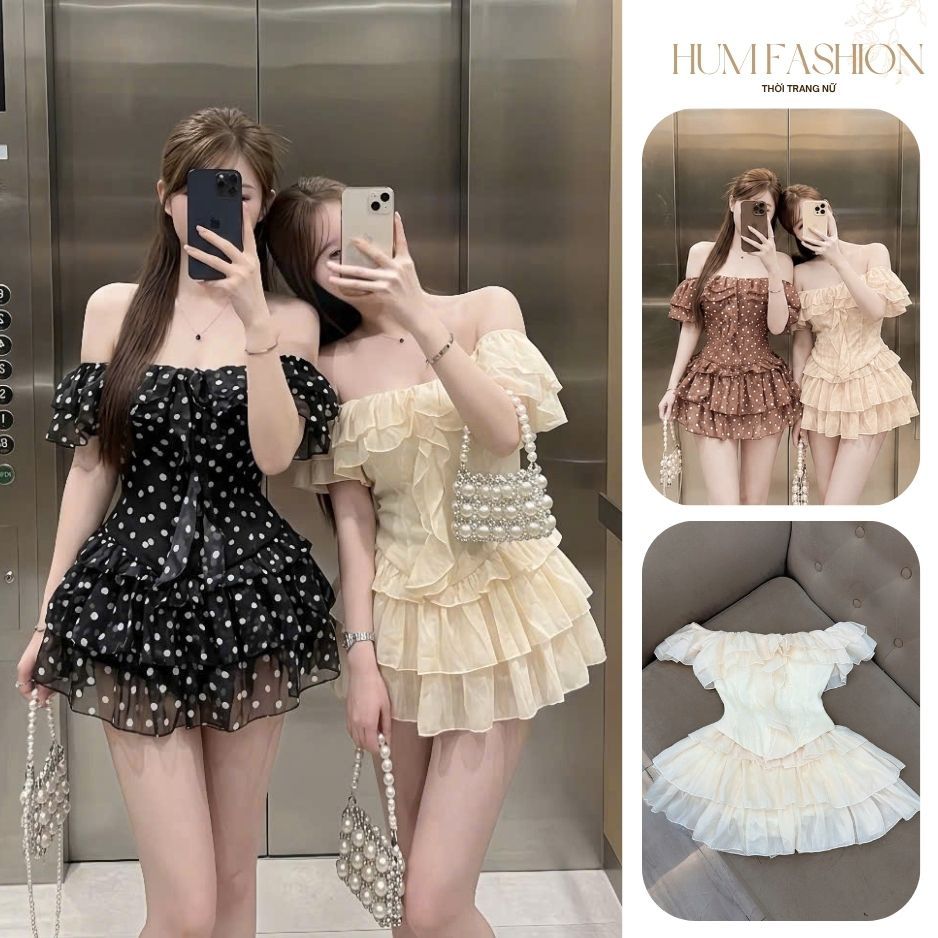 Váy trễ vai xếp tầng bèo nhún, đầm trễ vai dáng ngắn xoè tầng tiểu thư Hàn Quốc Hum Fashion