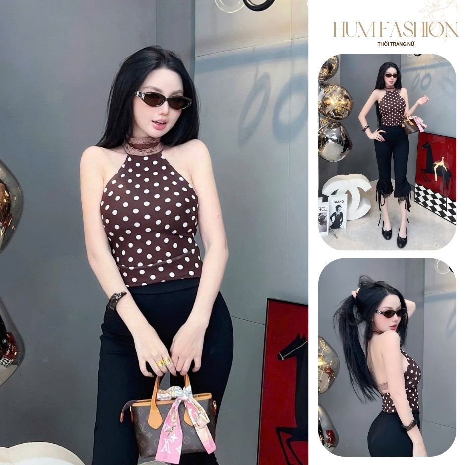 Set áo yếm chấm bi quần lửng, set bộ áo cổ yếm ôm body kèm quần lửng ống loe Hum Fashion