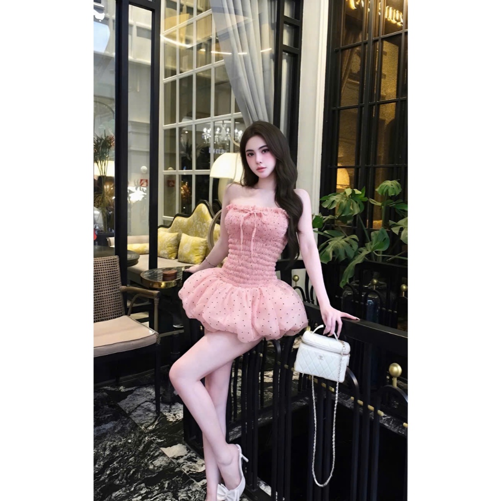 Váy bí ống quây chấm bi nhún chun, đầm quây dáng váy bí xòe bồng tiểu thư sang chảnh Hum Fashion