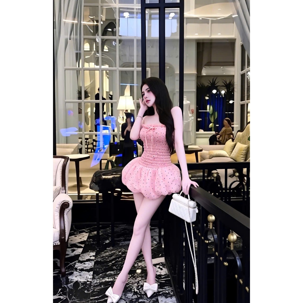 Váy bí ống quây chấm bi nhún chun, đầm quây dáng váy bí xòe bồng tiểu thư sang chảnh Hum Fashion