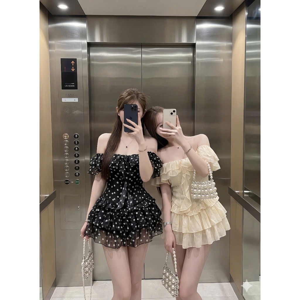 Váy trễ vai xếp tầng bèo nhún, đầm trễ vai dáng ngắn xoè tầng tiểu thư Hàn Quốc Hum Fashion