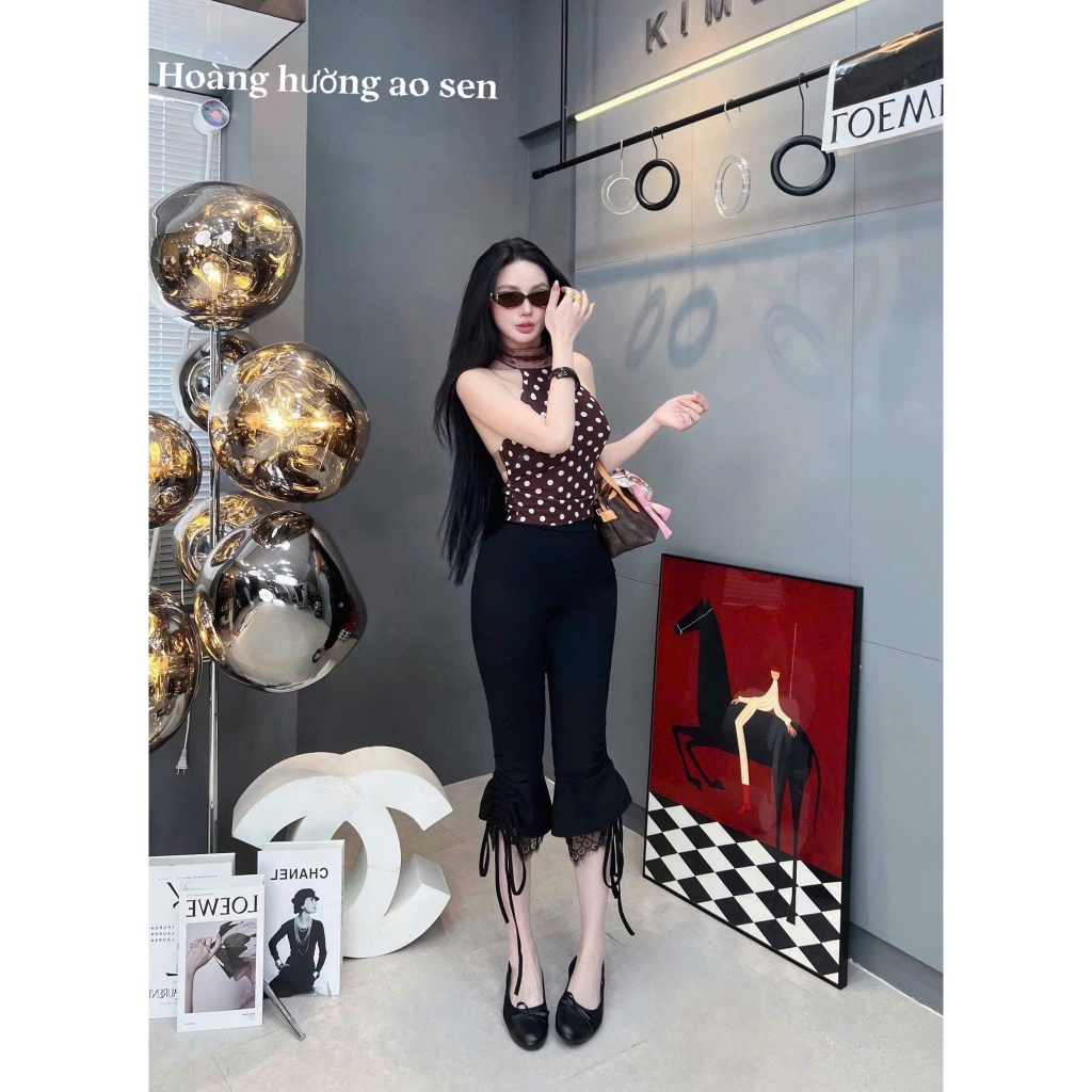 Set áo yếm chấm bi quần lửng, set bộ áo cổ yếm ôm body kèm quần lửng ống loe Hum Fashion