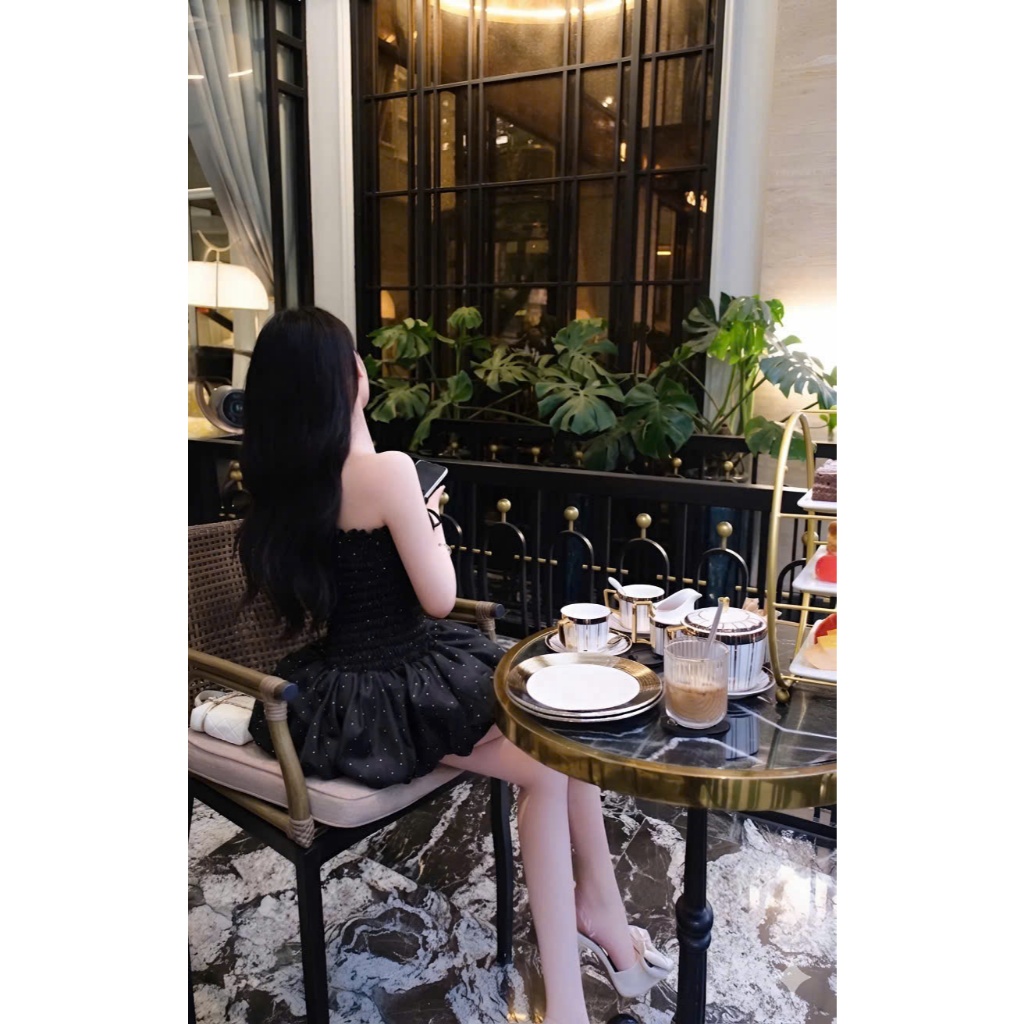 Váy nữ chất tơ nến nhún thun eo hoạ tiết chấm bi, đầm dáng ngắn bồng xoè tôn dáng sang chảnh
