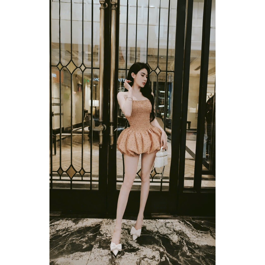 Váy bí ống quây chấm bi nhún chun, đầm quây dáng váy bí xòe bồng tiểu thư sang chảnh Hum Fashion