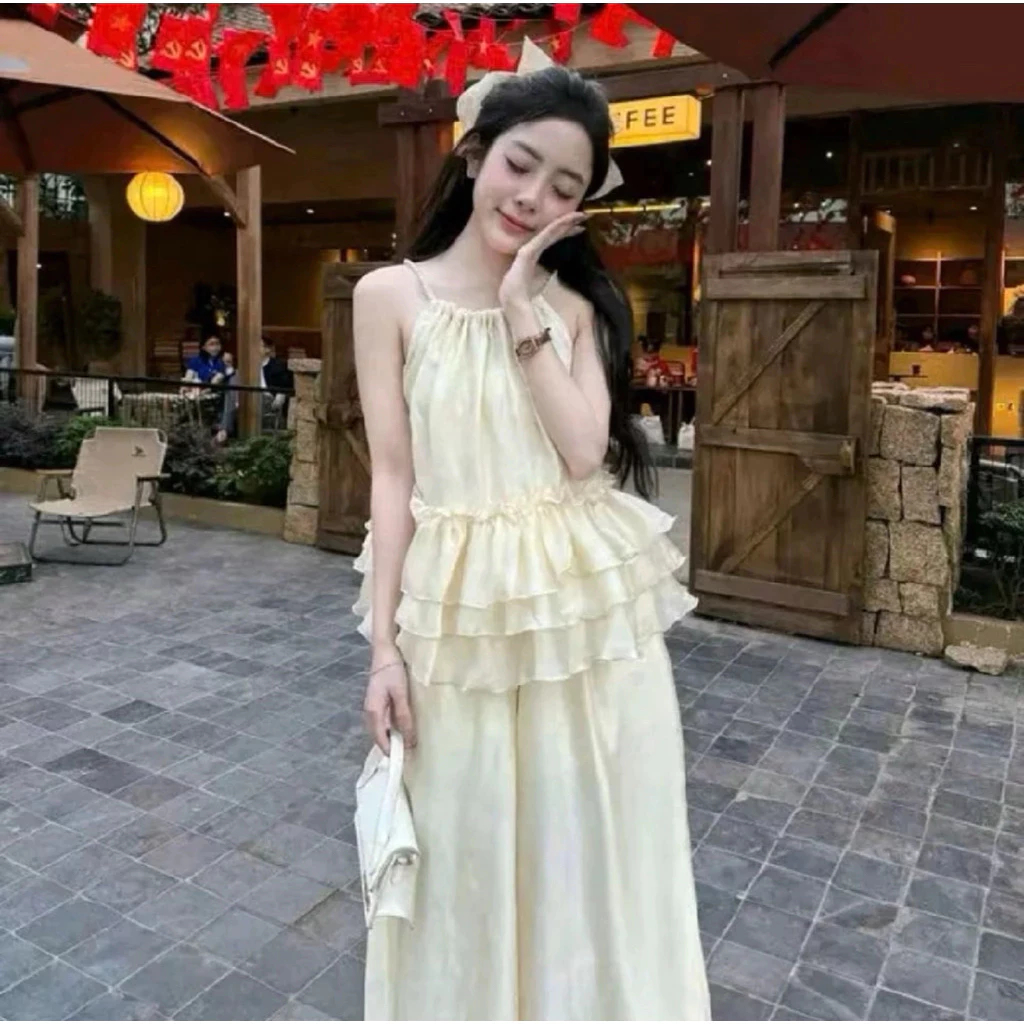 Set áo bèo tầng cổ phối đá sang chảnh, bộ nữ đi tiệc xinh xắn phong cách tiểu thư