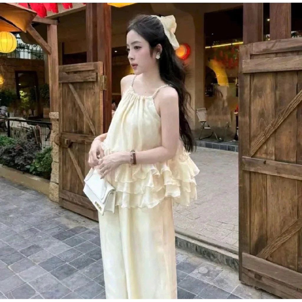 Set áo bèo tầng cổ phối đá sang chảnh, bộ nữ đi tiệc xinh xắn phong cách tiểu thư