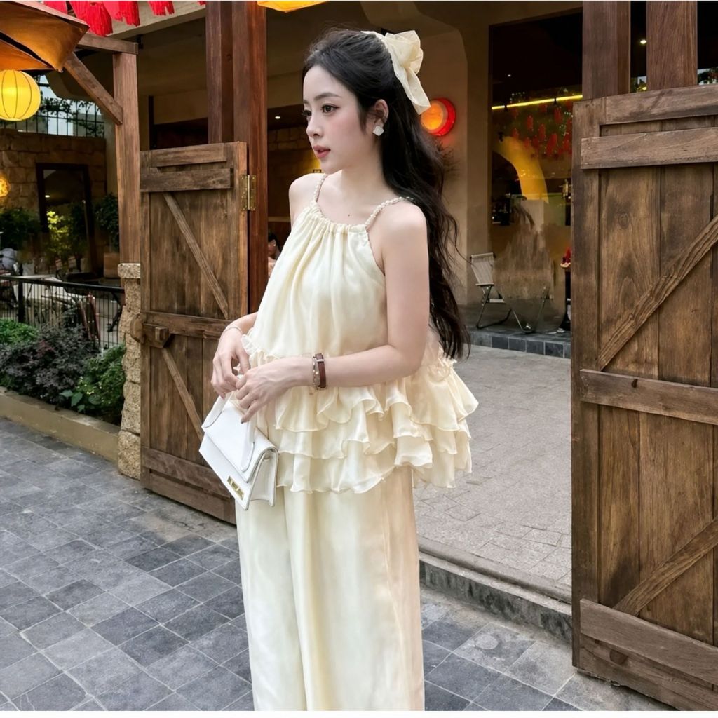 Set áo bèo tầng cổ phối đá sang chảnh, bộ nữ đi tiệc xinh xắn phong cách tiểu thư