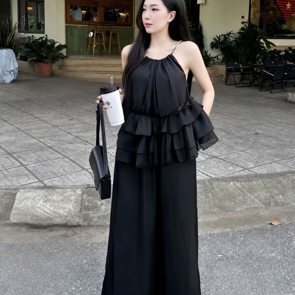 Set áo bèo tầng cổ phối đá sang chảnh, bộ nữ đi tiệc xinh xắn phong cách tiểu thư