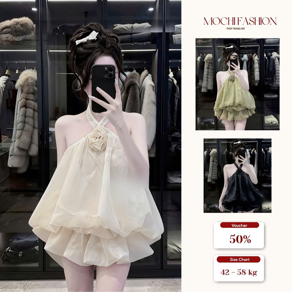 Váy Yếm Nữ Phối Hoa Ngực Chất Tơ Ánh Kim Cao Cấp, Đầm Dự Tiệc Sang Chảnh Có Mút Ngực Tôn Dáng