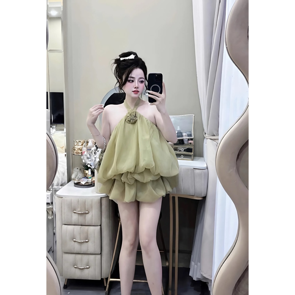 Váy Yếm Nữ Phối Hoa Ngực Chất Tơ Ánh Kim Cao Cấp, Đầm Dự Tiệc Sang Chảnh Có Mút Ngực Tôn Dáng