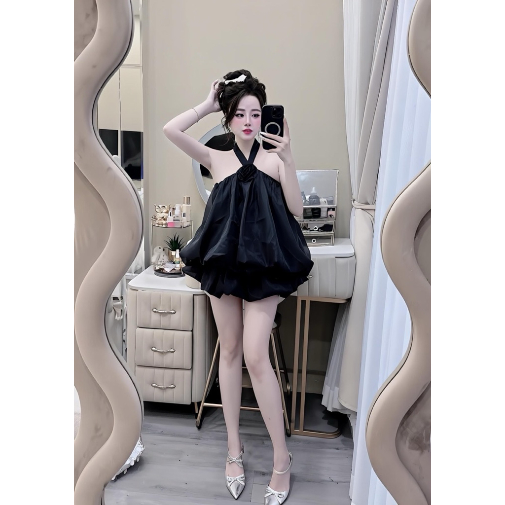 Váy Yếm Nữ Phối Hoa Ngực Chất Tơ Ánh Kim Cao Cấp, Đầm Dự Tiệc Sang Chảnh Có Mút Ngực Tôn Dáng
