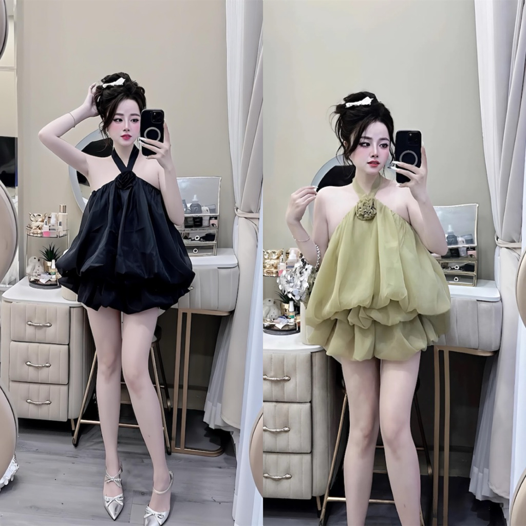 Váy Yếm Nữ Phối Hoa Ngực Chất Tơ Ánh Kim Cao Cấp, Đầm Dự Tiệc Sang Chảnh Có Mút Ngực Tôn Dáng