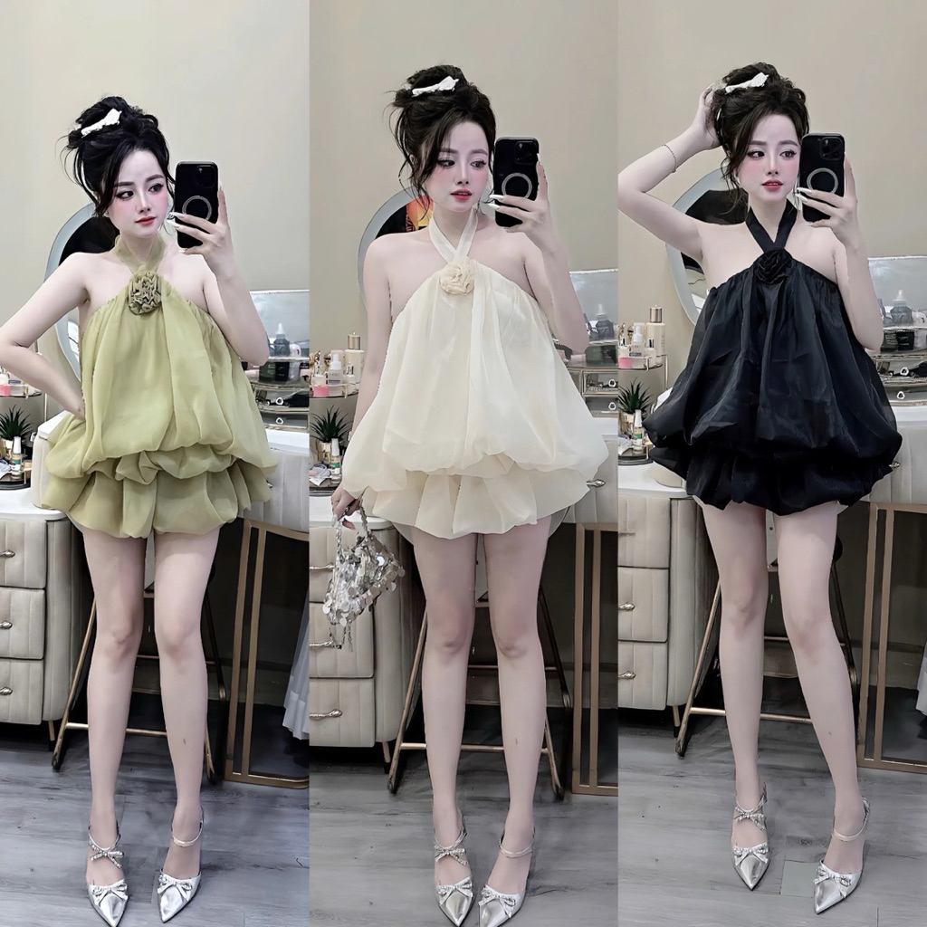 Váy Yếm Nữ Phối Hoa Ngực Chất Tơ Ánh Kim Cao Cấp, Đầm Dự Tiệc Sang Chảnh Có Mút Ngực Tôn Dáng
