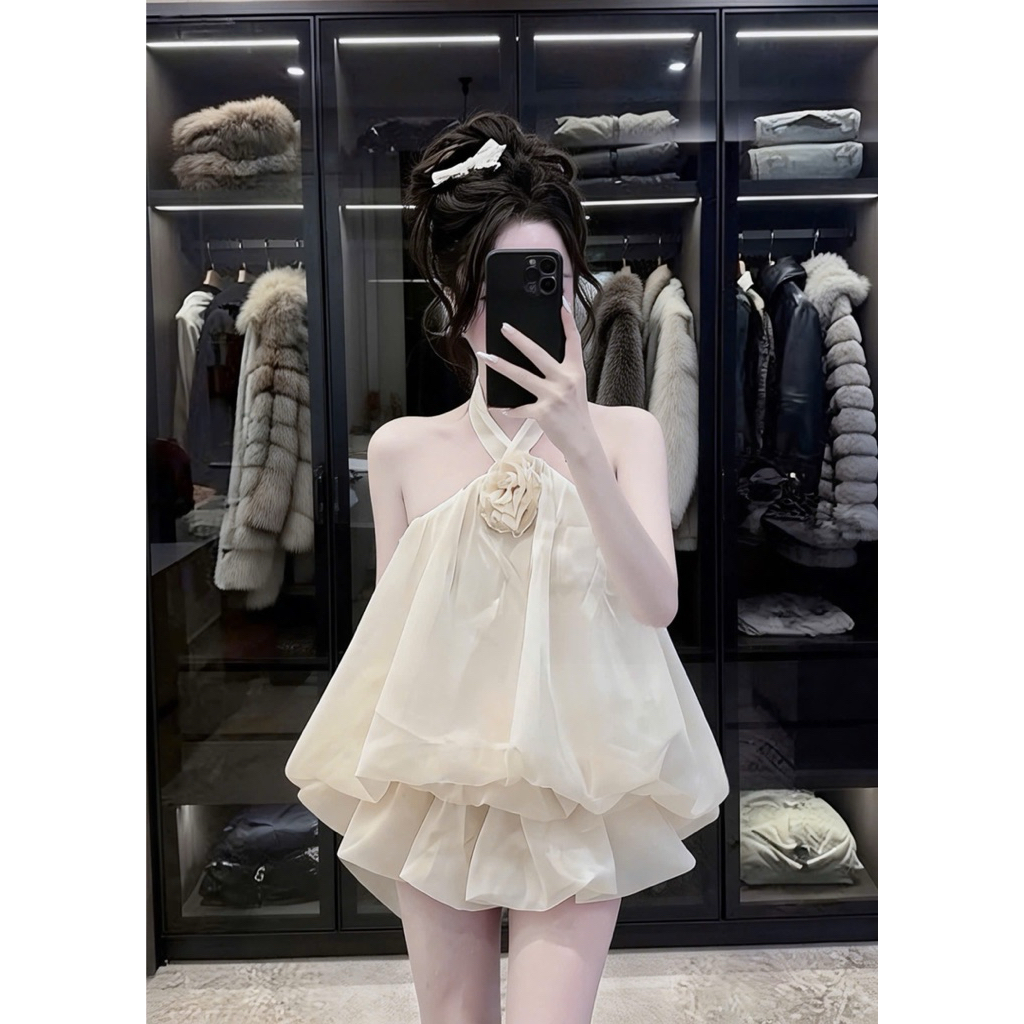 Váy Yếm Nữ Phối Hoa Ngực Chất Tơ Ánh Kim Cao Cấp, Đầm Dự Tiệc Sang Chảnh Có Mút Ngực Tôn Dáng