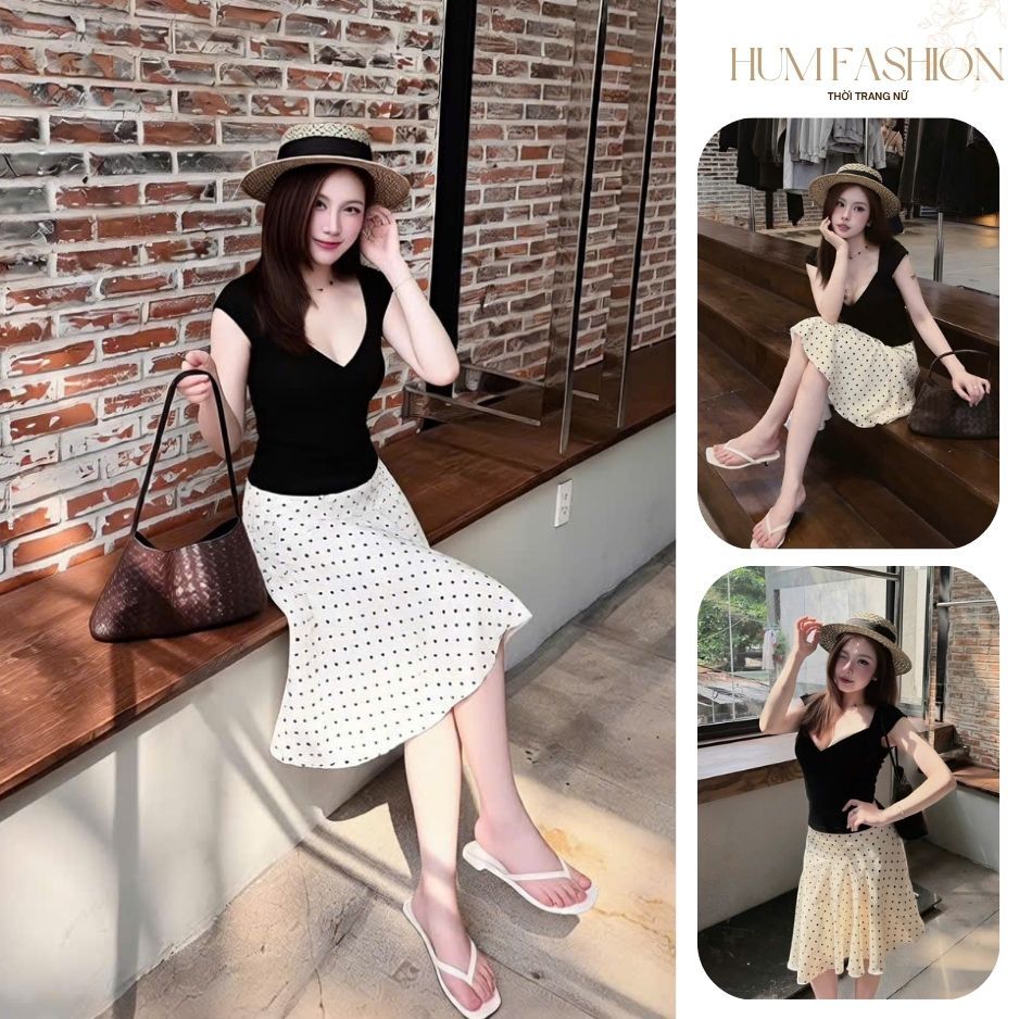 Set áo kèm chân váy lụa chéo chấm bi, set bộ áo cổ V ôm body kèm chân váy chấm bi dáng lửng Hum Fashion