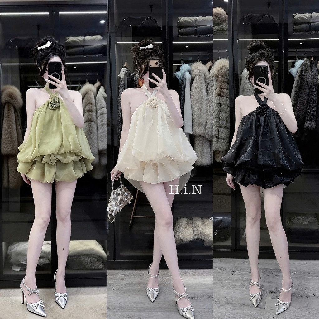 Set yếm bí ngô đính hoa hồng, set bộ cổ yếm dáng váy bí bồng bềnh tiểu thư sang chảnh Hum Fashion
