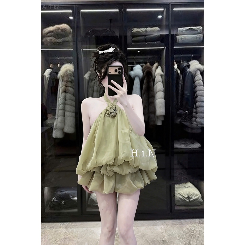Set yếm bí ngô đính hoa hồng, set bộ cổ yếm dáng váy bí bồng bềnh tiểu thư sang chảnh Hum Fashion