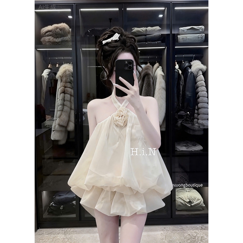 Set yếm bí ngô đính hoa hồng, set bộ cổ yếm dáng váy bí bồng bềnh tiểu thư sang chảnh Hum Fashion