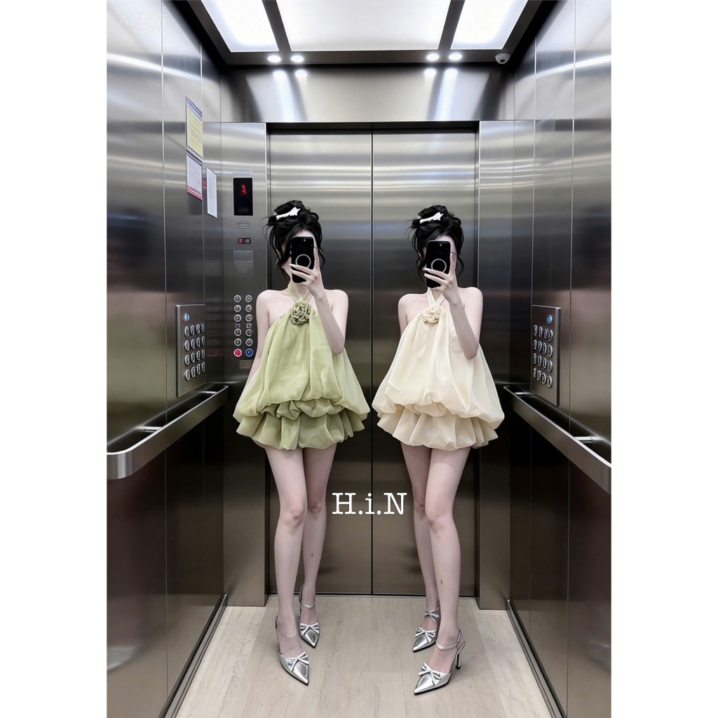Set yếm bí ngô đính hoa hồng, set bộ cổ yếm dáng váy bí bồng bềnh tiểu thư sang chảnh Hum Fashion