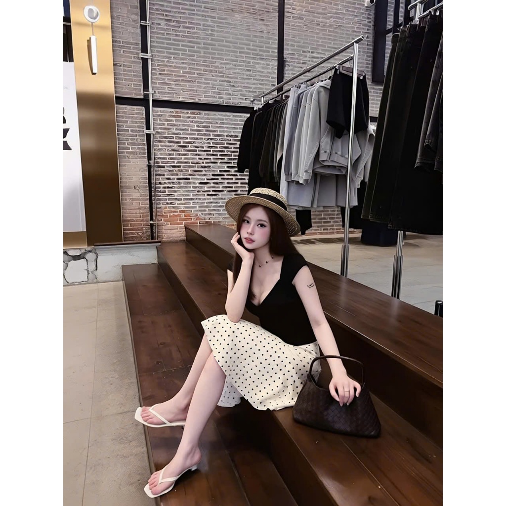 Set Áo Thun Nữ Mix Chân Váy Chấm Bi Xòe Lệch 2 Lớp, Set Đồ Đi Chơi Nữ Tôn Dáng Cực Xinh