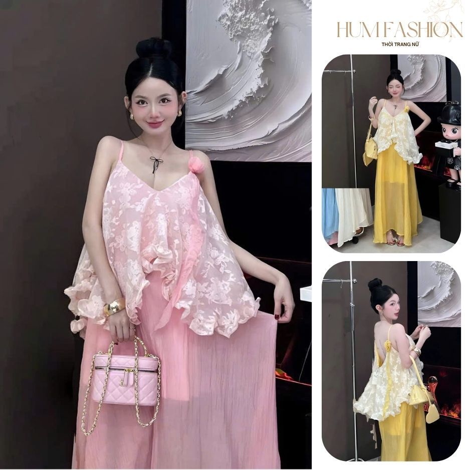 Set áo 2 dây kèm váy dài,  set đồ hai dây hở lưng dáng váy bí bồng bềnh tiểu thư Hum Fashion