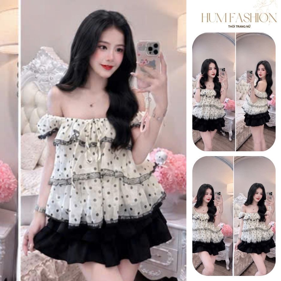 Set áo trễ vai kèm chân váy, set bộ áo trễ vai bèo nhún kèm chân váy ngắn tiểu thư Hum Fashion