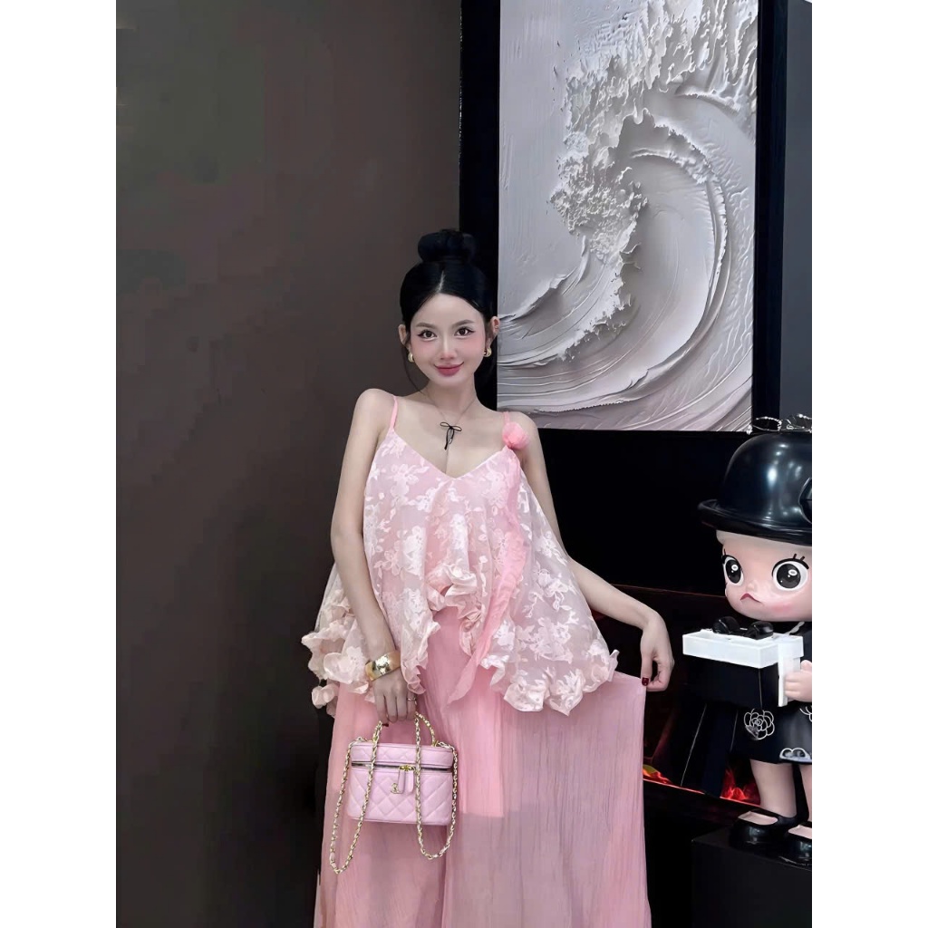 Set áo 2 dây kèm váy dài,  set đồ hai dây hở lưng dáng váy bí bồng bềnh tiểu thư Hum Fashion