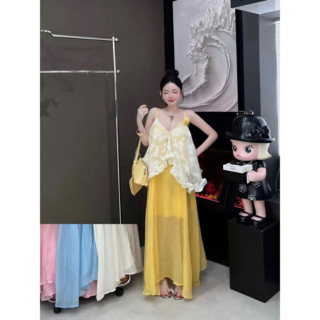 Set áo 2 dây kèm váy dài,  set đồ hai dây hở lưng dáng váy bí bồng bềnh tiểu thư Hum Fashion