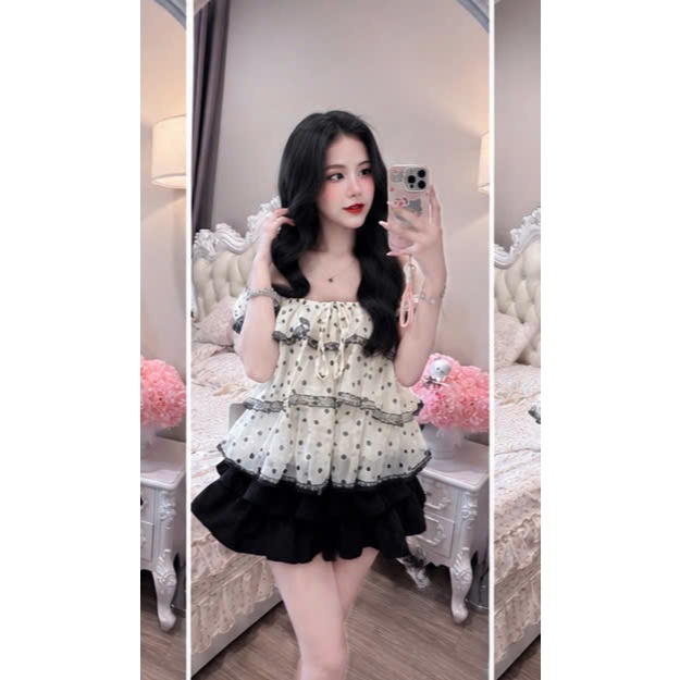 Set áo trễ vai kèm chân váy, set bộ áo trễ vai bèo nhún kèm chân váy ngắn tiểu thư Hum Fashion