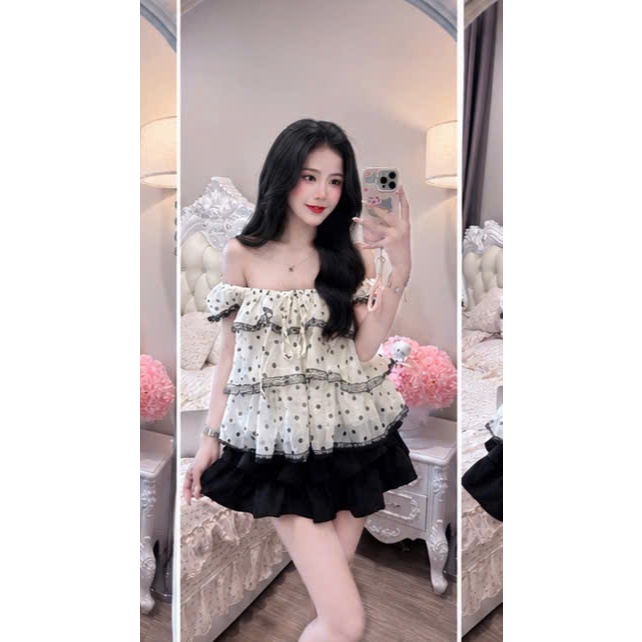 Set áo trễ vai kèm chân váy, set bộ áo trễ vai bèo nhún kèm chân váy ngắn tiểu thư Hum Fashion