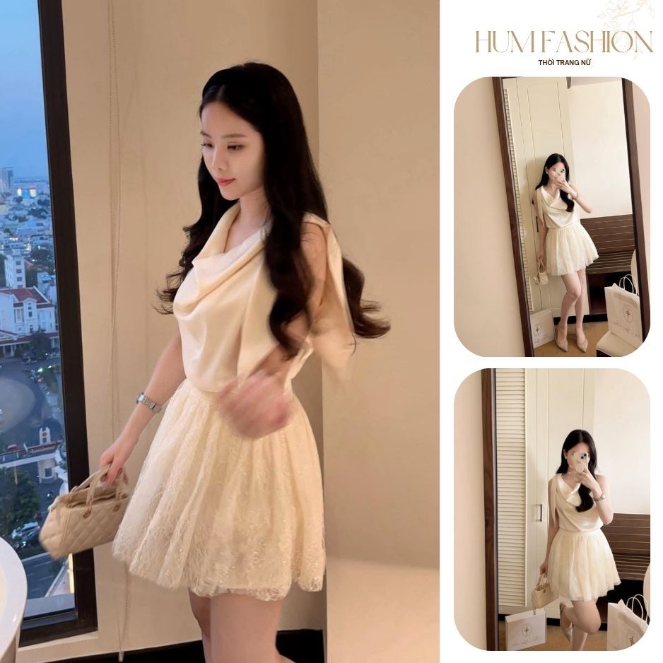 Set áo lụa sát nách kèm chân váy ren, set áo kiểu kèm chân váy ngắn xếp ly xòe bồng tiểu thư Hum Fashion