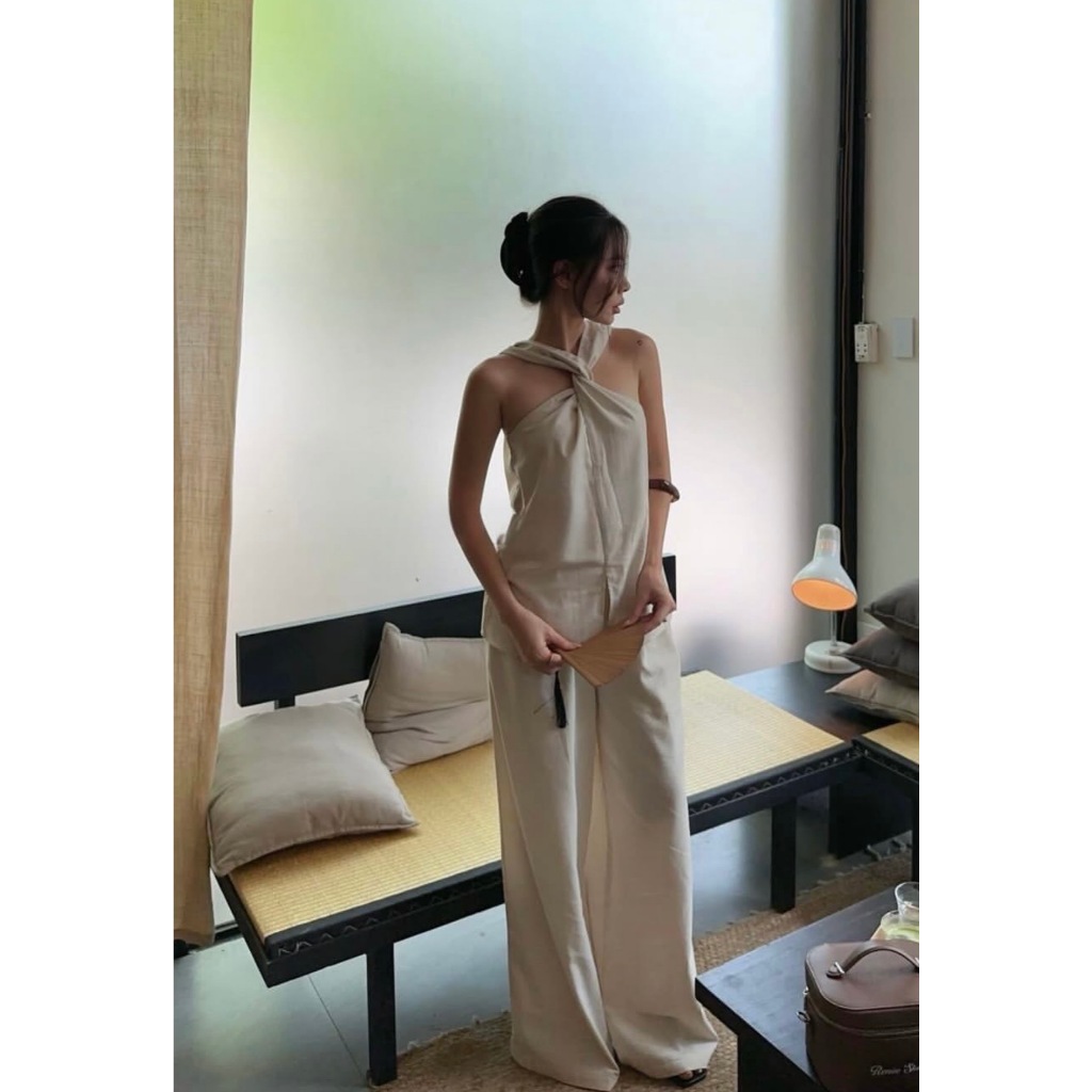 Set áo xoắn ngực kèm quần dài, set bộ áo cộc tay xoắn ngực cạp cao ống suông Hum Fashion