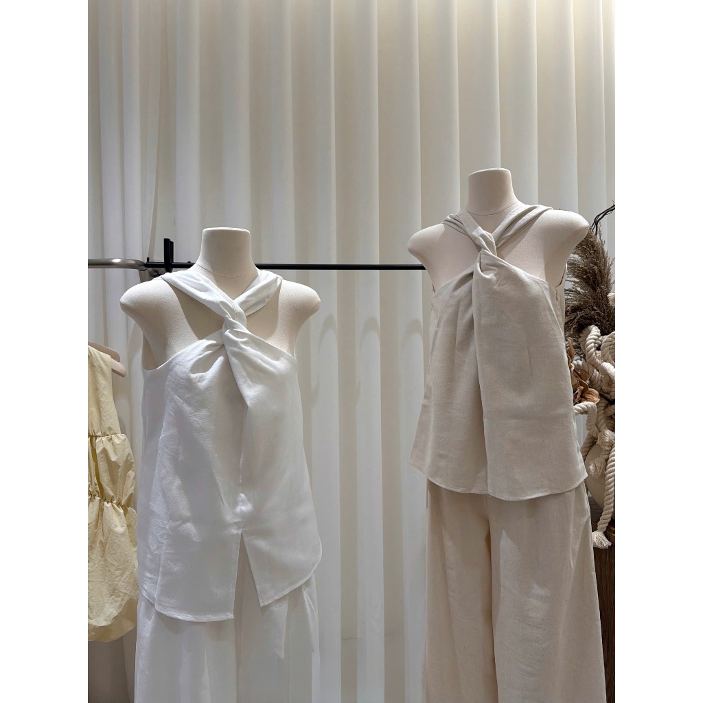 Set áo xoắn ngực kèm quần dài, set bộ áo cộc tay xoắn ngực cạp cao ống suông Hum Fashion