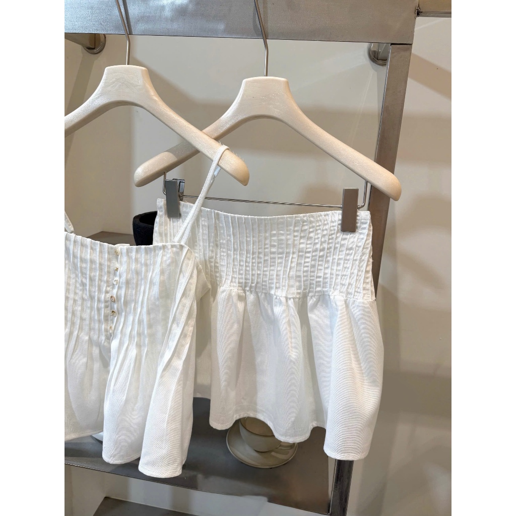 Set áo 2 dây kèm chân váy, set bộ áo hai dây nhún bèo kèm chân váy mùa hè đơn giản dễ phối Hum Fashion