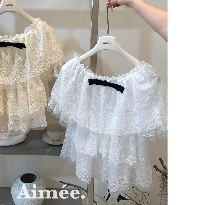 Áo ren trễ vai kèm nơ, áo kiểu ren tầng trễ vai bèo tiểu thư Hum Fashion