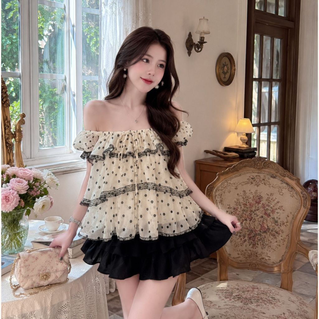 Set áo babydoll bèo tùng nữ tính phối chân váy bồng xoè tiểu thư xinh xắn